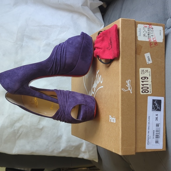 Christian Louboutin Iris Drapadita Suede Peep toe platform heels sz 36.5 - Picture 1 of 7